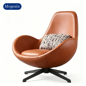 Modern Brown Leather Swivel Ergonomic Leisure Chair with 4-Star Metal Base for Apartment Dining Living Room & Bedroom Use - Product Image 6