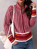 2026 Vintage Europäische Damen-Strickjacke mit Hahnentrittmuster, Stehkragen und Reißverschluss, Farbblock-Gestreifter Kurzer Freizeitpullover