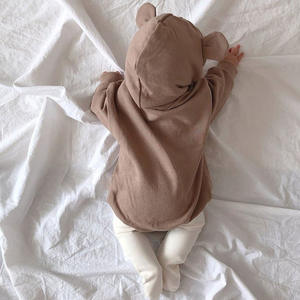 Hoodie bayi baru lahir musim gugur, Hoodie bayi perempuan dan laki-laki, warna Solid netral, baju monyet katun rajut lembut 2 potong - Product Image 4