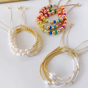 wholesale freshwater pearl Colorful heishi with 18k gold plated beads charm bracelets high quality handmade Adjustable Bracelet