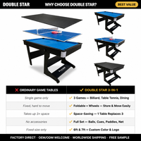 Table de billard pliante 3-en-1 6FT 7FT, table de tennis de table, table à manger avec roulettes, MDF, OEM, vente en gros