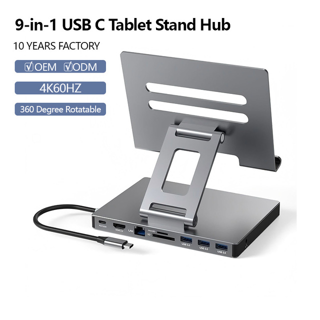 9 in 1 Usb C Docking Station 360 Degree Rotatable Tablet Stand 4K Hdtv Output 100W Pd Gigabit Ethernet Sd Tf Reader
