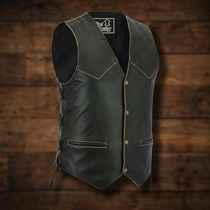 Gilet de moto en cuir véritable noir avec laçage latéral, ajustable, personnalisable, vente en gros, veste sans manches pour motard - Product Image 2