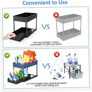 Двухуровневый выдвижной органайзер под шкаф, под раковину, черный, для хранения под раковиной, с крючком для подвешивания стаканов, для ванной и кухни - Product Image 6
