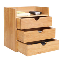Boîte de rangement de bureau minimaliste en bambou naturel à 4 niveaux, boîte à bijoux, boîte à papeterie, mini organisateur de bureau avec 3 tiroirs et étagère