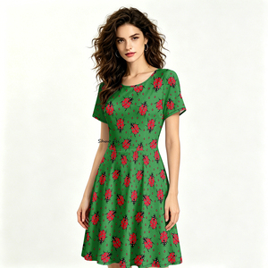 Abito da <span class=keywords><strong>donna</strong></span> verde con stampa <span class=keywords><strong>coccinella</strong></span>, casual, a maniche corte, gonna a trapezio con doppie tasche laterali, grazioso abbigliamento con grafica animale - Product Image 1