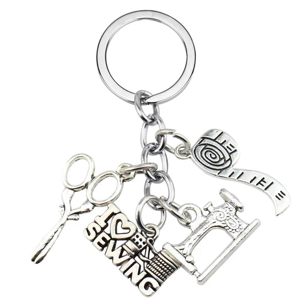 New Fashion 3D Shine Metal Combined Wholesale Scissor Button Pendant Tape Gift Sewing Machine Keychains