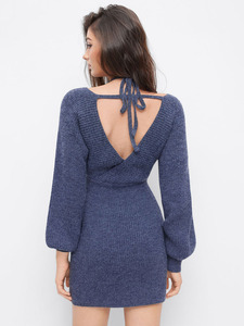 Joydressing Vestido Mini de Punto Azul Polvoriento con Hombros Descubiertos, Cuello Halter, Manga Larga, Ajustado, Tipo Suéter para Mujer, Venta al por Mayor - Product Image 2