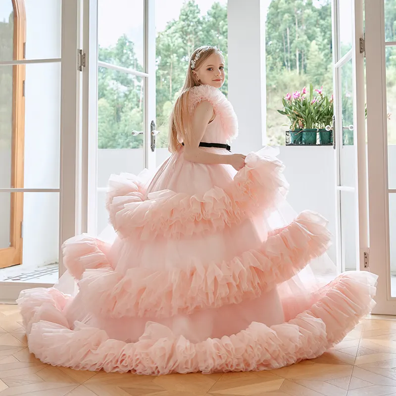 Deluxe Custom Pink Girls Deluxe Ball Dress Princess tulle pleated foam cake dress Children's Stage Flower Girl Evening dress