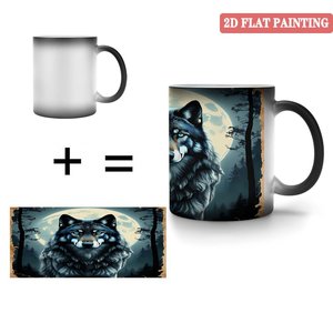 Tasse en céramique 11oz noire givrée, mug à changement de couleur activé par la chaleur, motif loup, peinture 2D plate - Product Image 4