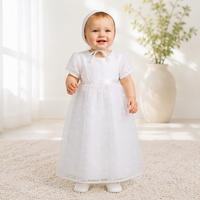 Robe de baptême pour bébé fille D9179 beige avec manches bouffantes et broderie à pois