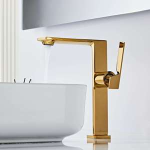 Rubinetto per Lavabo di Alta Qualità, Design Creativo, Monocomando Quadrato in Ottone, Finitura Oro Spazzolato, Effetto Cascata, Durevole e Alto - Product Image 1