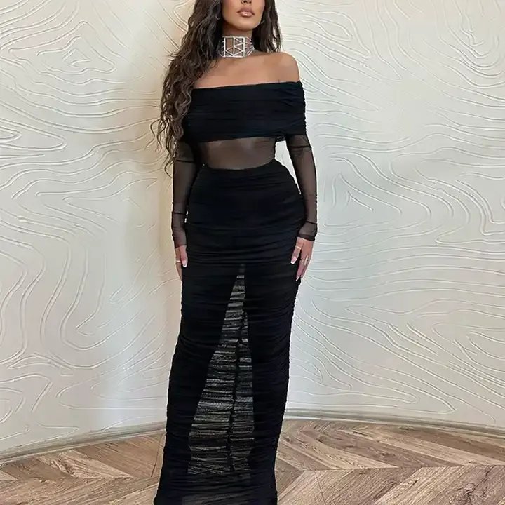 Women's Sexy Dresses Factory Customized Solid Color Long Mesh See Through Evening Dress