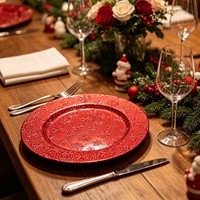 Assiettes de présentation de luxe 2026 en plastique PP durable et non toxique, motif flocon de neige rouge, pour mariages et banquets d'hôtel