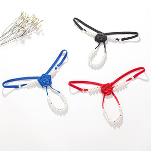Culotte string sexy en perles et roses pour femme, taille basse, entrejambe ouvert, lingerie en maille perlée, blanc, rose, rouge, bleu, noir - Product Image 1