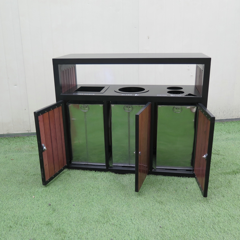 Garden Furniture Large Waste Container Outdoor Wooden Trash Bin Three Compartment Steel Garbage Bin