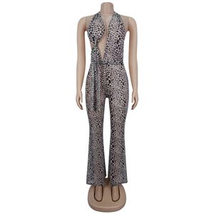 2025 nuovi arrivi tutina senza schienale in tessuto ghepardo elasticizzato da donna pantaloni svasati Sexy eleganti scollo a v profondo da festa - Product Image 4