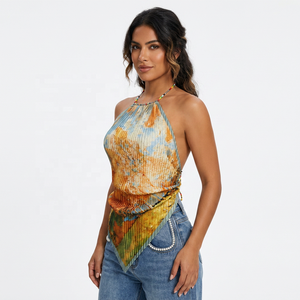 Artistic Floral Oil Painting Satin Formal Summer Short Crop Halter Neck Tank <b>Top</b> Backless Wrinkles Print Sexy Breathable - Product Image 1