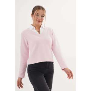 Blusa de punto rosa con cuello de camisa para mujer, top de manga larga sencillo para el día a día, anti-bolitas, color piedra - Product Image 2