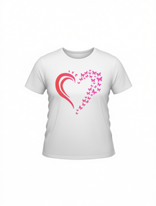 T-Shirt da Donna alla Moda con Collo Tondo, Motivo Cuore e Farfalla, Casual Primavera-Estate, 100% Cotone Jersey, Manica Corta - Product Image 1