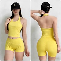 Conjunto Deportivo de Yoga para Mujer, Top Deportivo Sin Costuras de Spandex con Espalda Descubierta y Pantalones Cortos de Cintura Alta, Anti-Rozaduras, CACTUS SPORT
