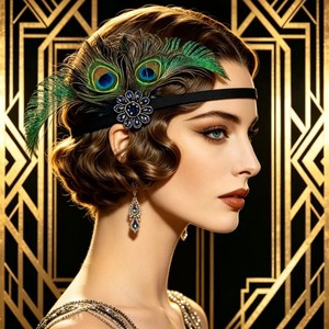 Serre-tête Gatsby en plumes de paon pour femme, bandeau vintage en strass, accessoire de coiffure pour mariée, fête ou déguisement - Product Image 2
