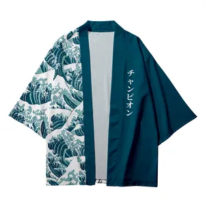 Japon samuray hırka Patchwork dalgalar baskı büyük boy Haori kadın erkek Harajuku Kimono Cosplay bluz Tops Yukata giyim