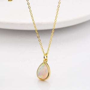 925 Sterling Silver Women Gold Plated White Synthetic <strong>Opal</strong> Water Drop <strong>Necklace</strong> - Product Image 4