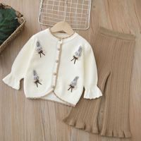 Baby-Mädchen 3D-Hasen-Strickset mit Rüschenärmeln, geripptem Cardigan und ausgestelltem Pullover sowie Hose