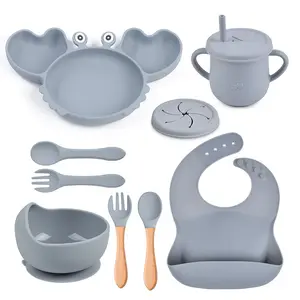 Baby Silicone Feeding Set 2023 New Design BPA Free Food Grade Silicone Bib Bowl Plate Spoon Fork Dinner Feeder Silicone Baby Feeding Set