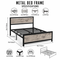 Cadre de lit moderne en métal durable avec panneaux en bois grainé inclinables, espace de rangement et sommier à lattes ouvertes pour chambre d'hôtel pleine grandeur