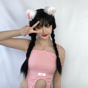 <span class=keywords><strong>Perruque</strong></span> synthétique Coolhair, vague lâche, cosplay, anime, couvre-chef, Noël, frange longue, cheveux noirs, double queue de cheval tressée - Product Image 4
