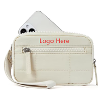 Dompet Kartu Kecil Berlapis Jahitan Terbaru dengan Logo Kustom, Tas Mini Clutch Anti RFID, Dompet Wanita Bahan Nylon Tahan Lama dengan Tali Pergelangan Tangan