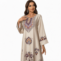 Robe longue ample à col rond imprimée avec strass et perles pour femmes musulmanes, manches longues, style décontracté et modeste, vente en gros Moyen-Orient
