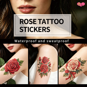 Autocollants de <span class=keywords><strong>tatouage</strong></span> temporaire rose rouge, imperméables, résistants à la transpiration, tatouages floraux réalistes pour femmes - Product Image 5