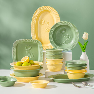 New Ceramic Rice Bowl Soup Bowl Creative Simple Relief Bowl Tableware <b>Set</b> Modern Dish Plate Fish Plate Tableware - Product Image 6