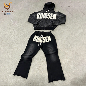 Conjunto de Sudadera y Pantalones Deportivos de Dos Piezas para Hombre, Personalizado OEM, de Tela Gruesa, con Parches Bordados y Efecto Desgastado - Product Image 1