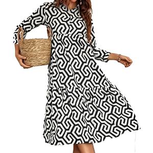 Vente en gros de robes pour femmes de haute qualité, personnalisables, à la mode, avec imprimé irrégulier, décontractées, à col, à manches longues, mi-longues - Product Image 3