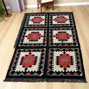 Tapis géométrique Kilim fait main, écologique, tufté à la main, rectangulaire, en laine et acrylique, pour salon, à poils moyens, en latex - Product Image 1