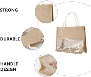 Custom Shopping <b>Gift</b> Bridesmaids Birthday Wine Decorated Recycled Transparent Tote Jute <b>Bag</b> With Window - Product Image 2