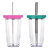 Gobelet en plastique transparent sans BPA personnalisé à double paroi 17oz/500ml tasse à thé au lait Boba réutilisable avec couvercle et paille