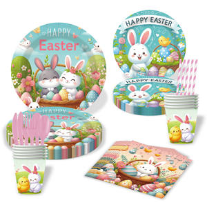 Nuevo Juego de Vajilla de Papel y Plástico con Temática de Conejito de Pascua, Servilletas de Papel, Vasos de Papel, Juego de Vajilla para Fiestas Infantiles de Conejitos - Product Image 1