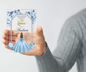 Quinceaneraの招待状ベビーブルードレスアクリルガラスの招待状、Mis Quince、Sweet 15、Sweet 16、フローラルデザイン - Product Image 4