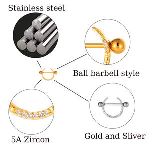 HENGSEN Nuevo Piercing de Pezón de Acero Inoxidable 361L con Barra Curva y Cristales de Cobre CZ Pavimentados, Anillos de Pezón para Mujer, Joyería Corporal - Product Image 2