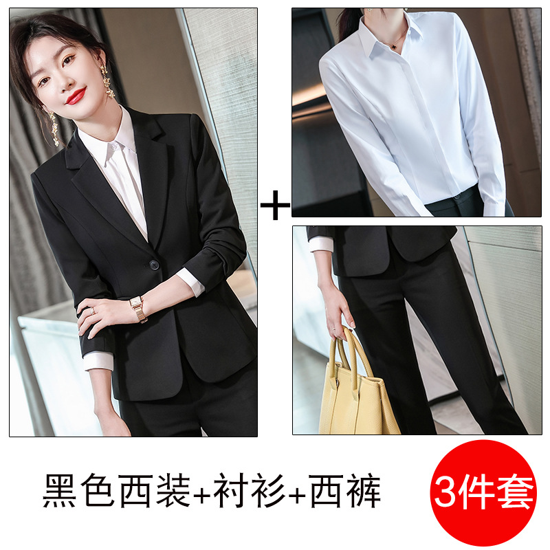 Black suit, white shirt, and trousers