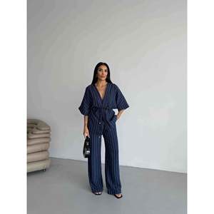 Conjunto de Kimono a Rayas Azul Marino para Mujer, Talla S, Pantalones Anchos, Ropa Cómoda para Estar en Casa - Product Image 3