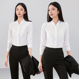 White V-Neck Long Sleeve Shirt Women 80% Cotton Solid Color Professional Workwear For Office Job Interview Formal Wear - Product Image 2