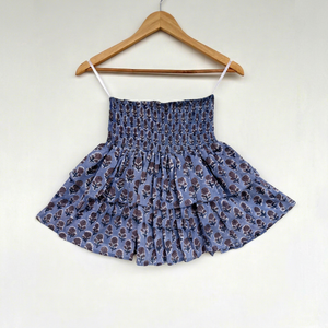 Blue Floral Printed Cotton Mini <b>Skirt</b> Women Stretch Smocked Waist Double Tier Flared Boho Vacation Casual <b>Summer</b> Wear Supplier - Product Image 1