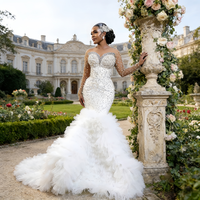Gaun Pengantin Modern Elegan Model Mermaid dengan Bunga Renda, Kerah V, Lengan Panjang, Ukuran Besar