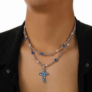 Colliers <span class=keywords><strong>à</strong></span> double rangée de perles tendance pour hommes, pendentif croix et œil porte-bonheur, bijoux de fête - Product Image 1